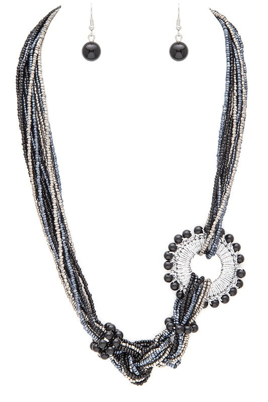 Seed Beads Wired Ring Charm Layered Necklace Set
