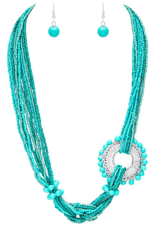 Seed Beads Wired Ring Charm Layered Necklace Set