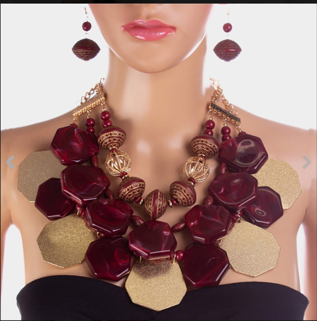 Burgandy and Wood Beaded Necklace Set