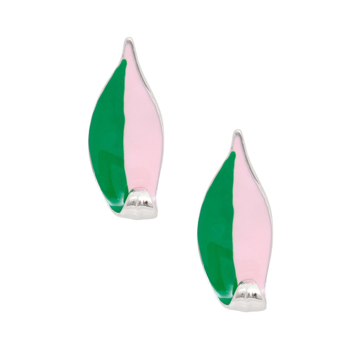 AKA Sorority Curved Leaf Pink Green Painted Studs