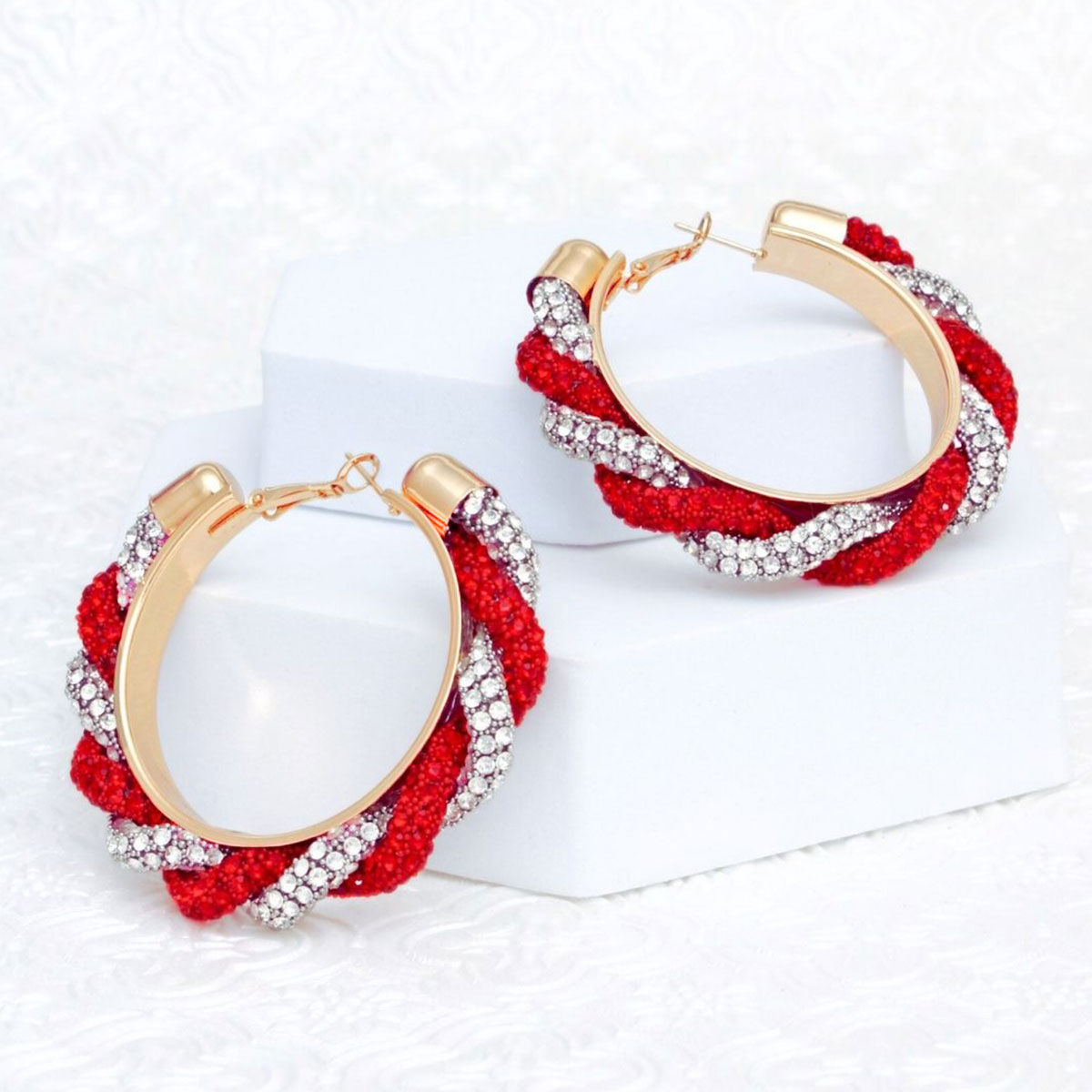 DST Vibrant Red Clear Twisted Hoop Earrings Women
