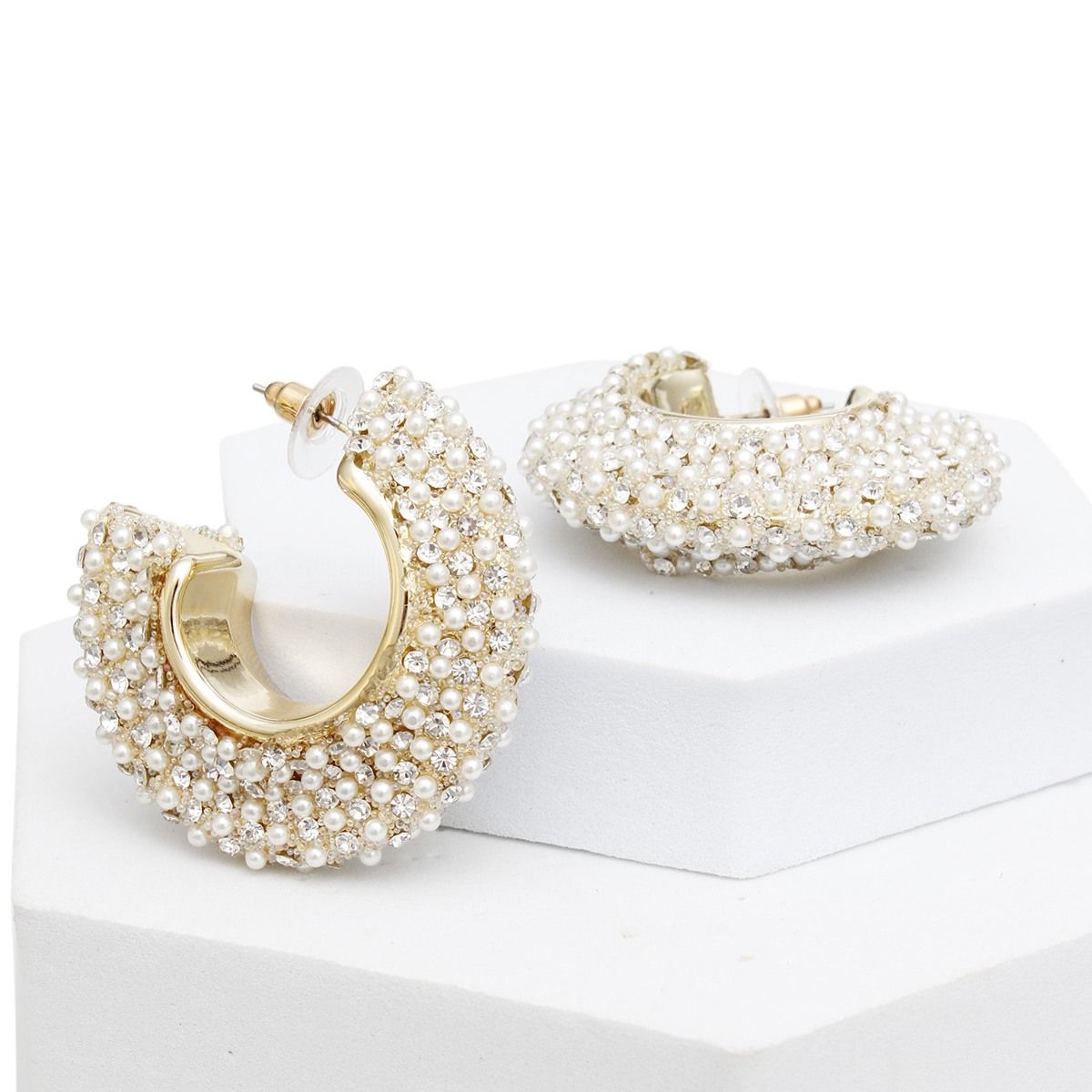Hoop Pearl Pave Rhinestone Embellished Earrings