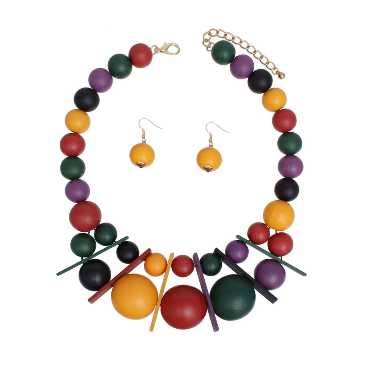 Bib Chunky Multicolor Wood Geometric Bead Necklace