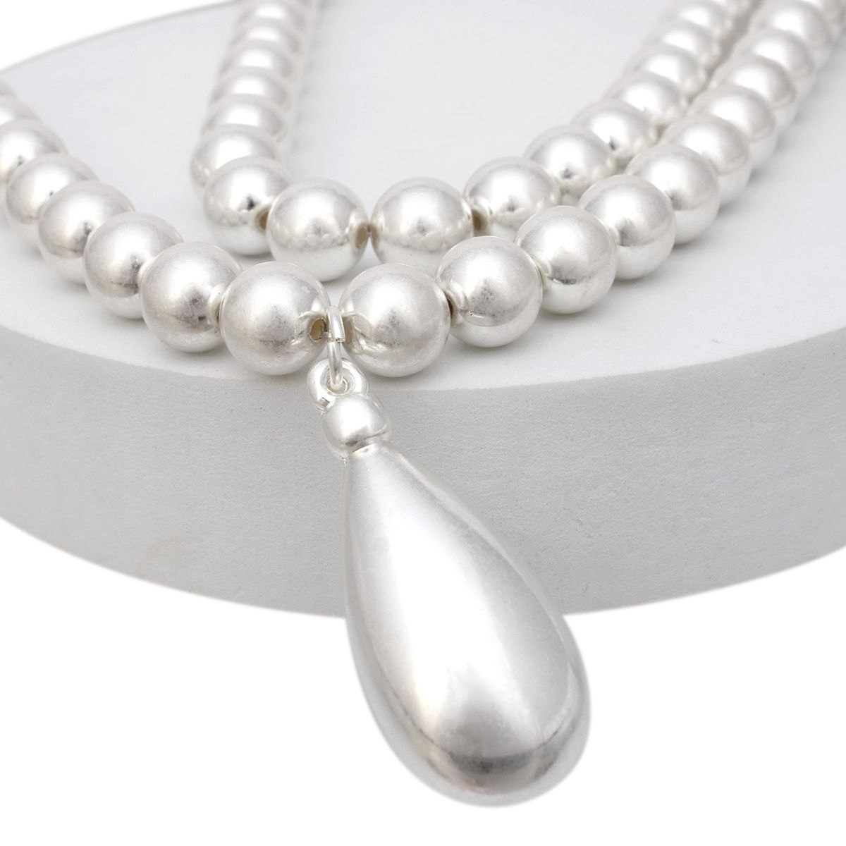 Bead Matte Silver Teardrop Pendant Double Necklace