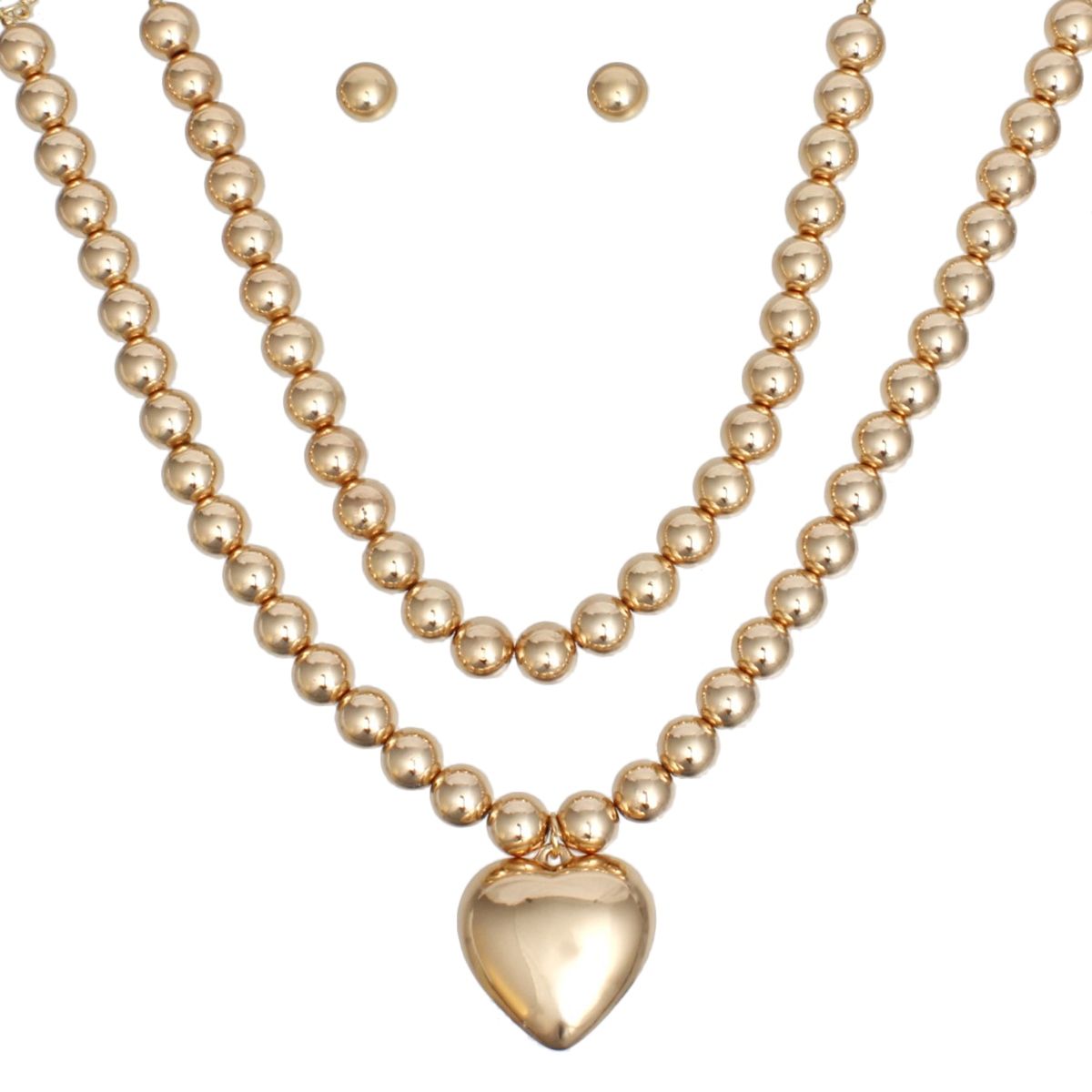 Beaded Gold Heart Pendant Double Necklace Set
