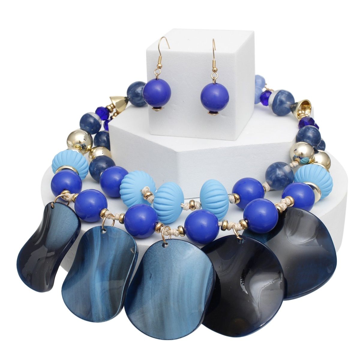 Beaded Fluid Artistic Blue Bead Marbled Disc Set