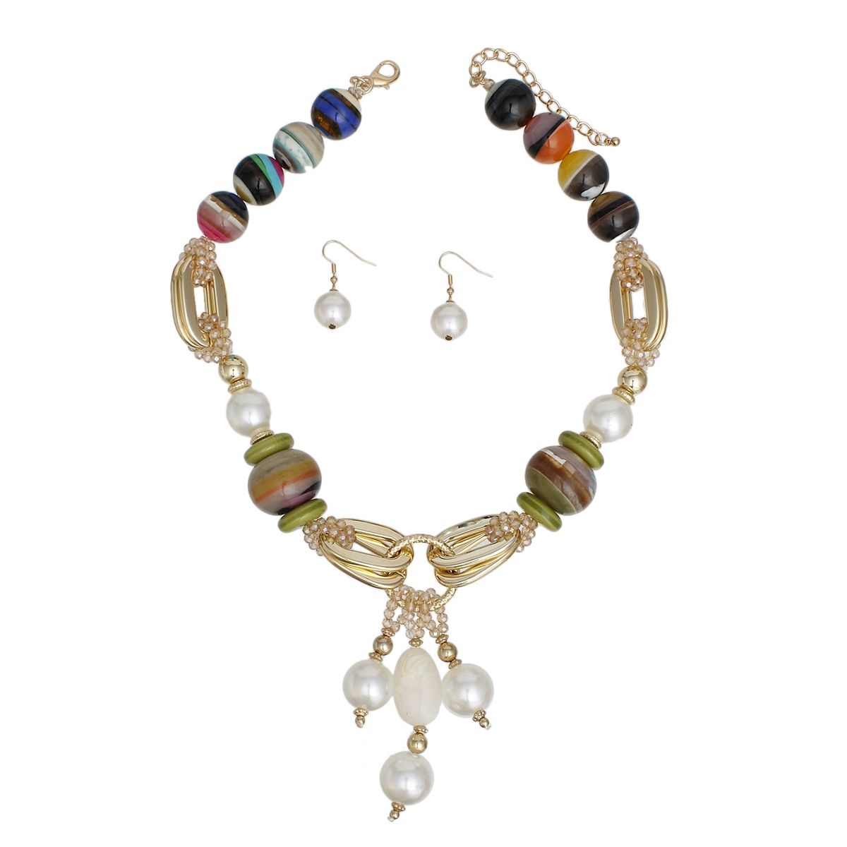 Beaded Multitone Stripe Marble and Pearl Necklace