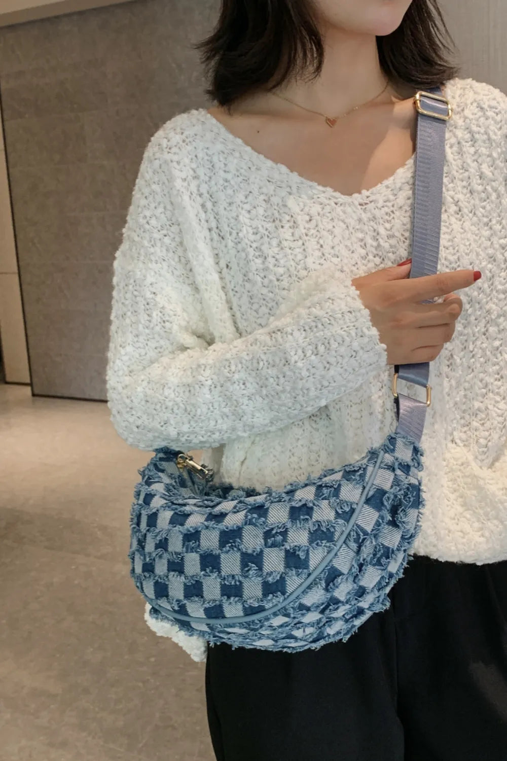 Denim Checkered Shoulder Bag
