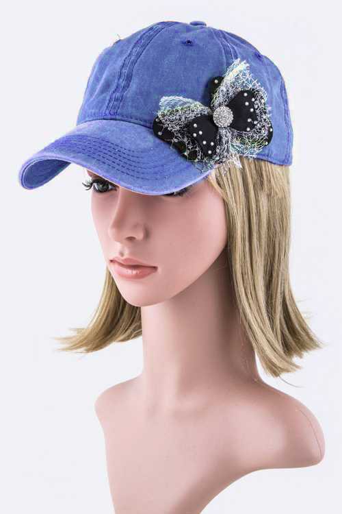 Crystal & Lurex Mesh Bow Fashion Cap