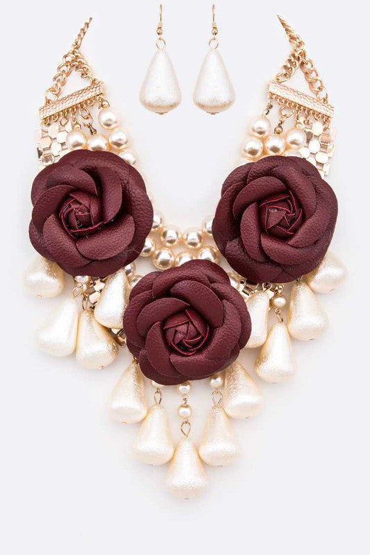 Flower Mix Pearls Statement Necklace Set