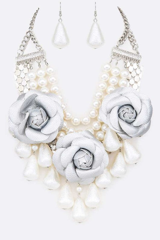 Flower Mix Pearls Statement Necklace Set