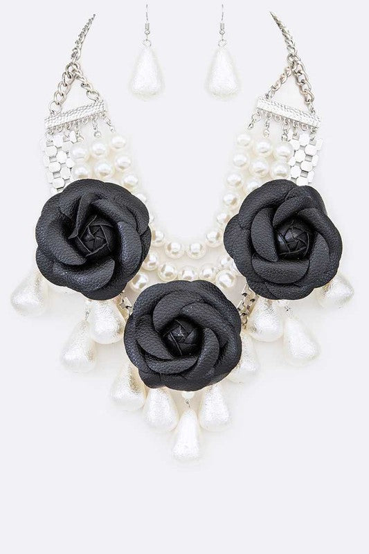 Flower Mix Pearls Statement Necklace Set