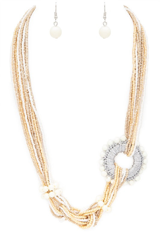 Seed Beads Wired Ring Charm Layered Necklace Set