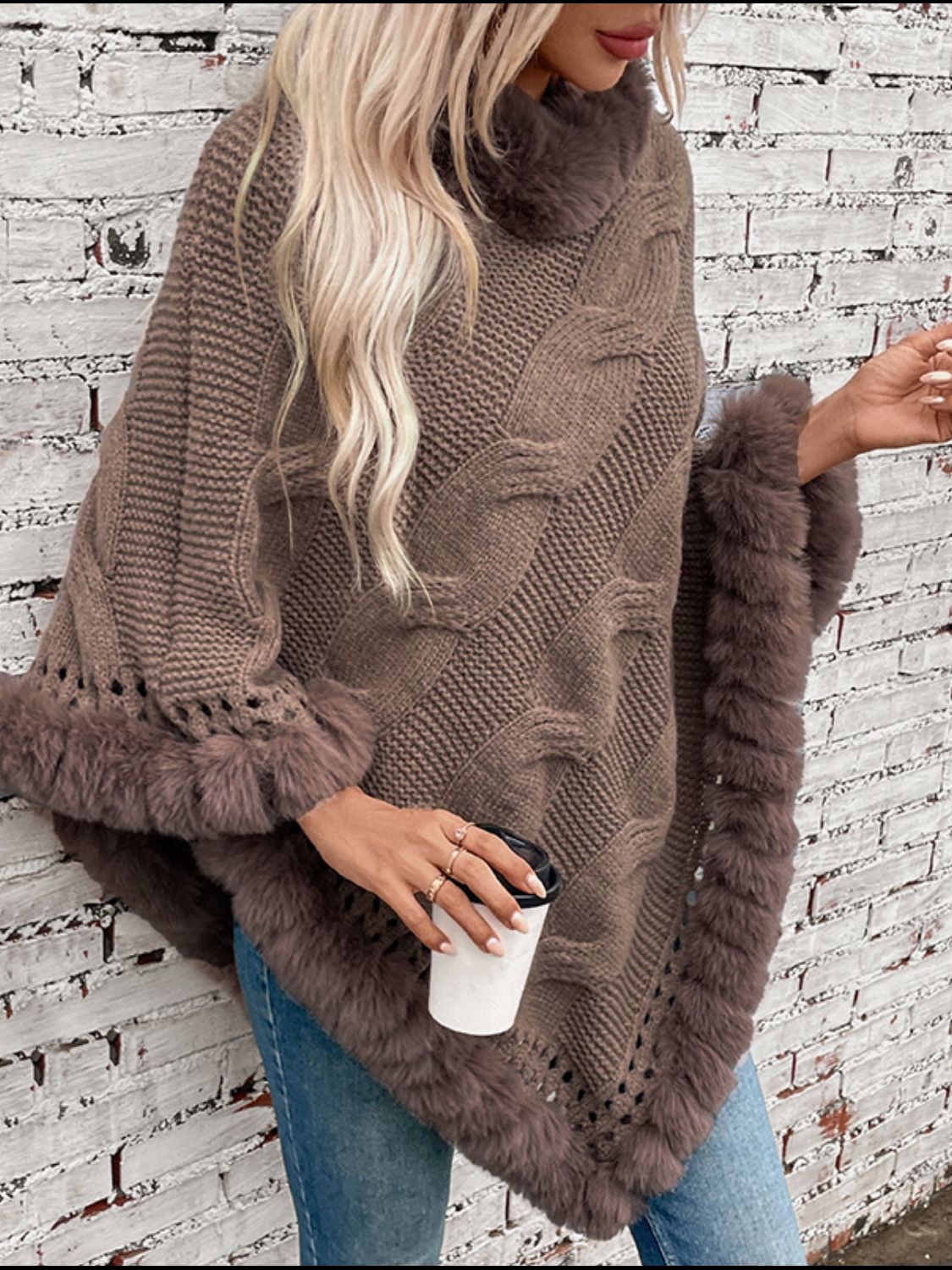 Fuzzy Hem Cable-Knit Poncho