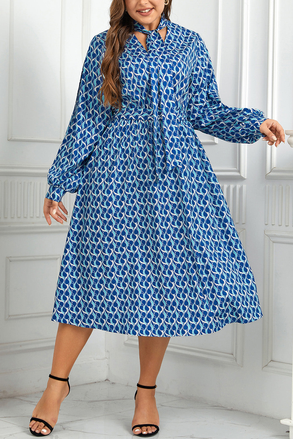 Honey Plus Size Printed Tie Neck Midi Dress