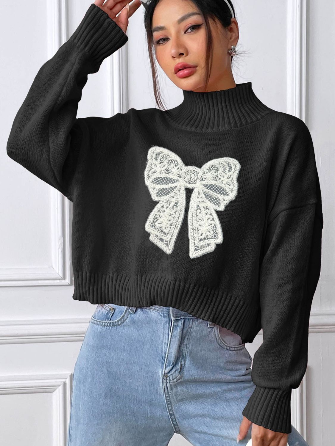 Bow Turtleneck Long Sleeve Sweater