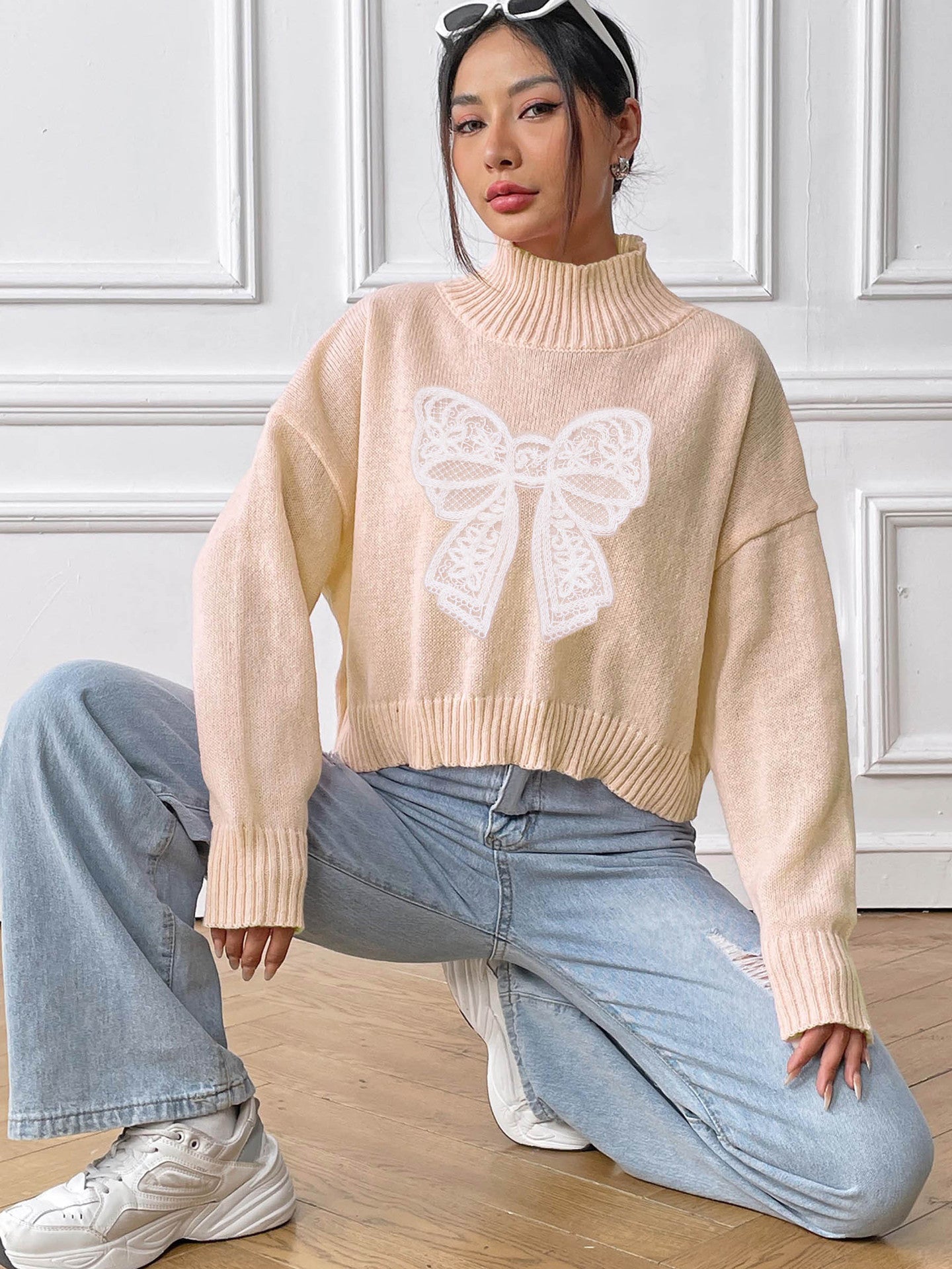 Bow Turtleneck Long Sleeve Sweater