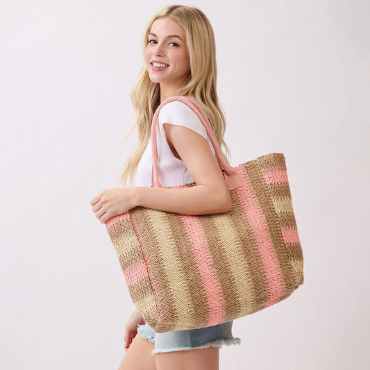 Pink Multicolor Straw Tote