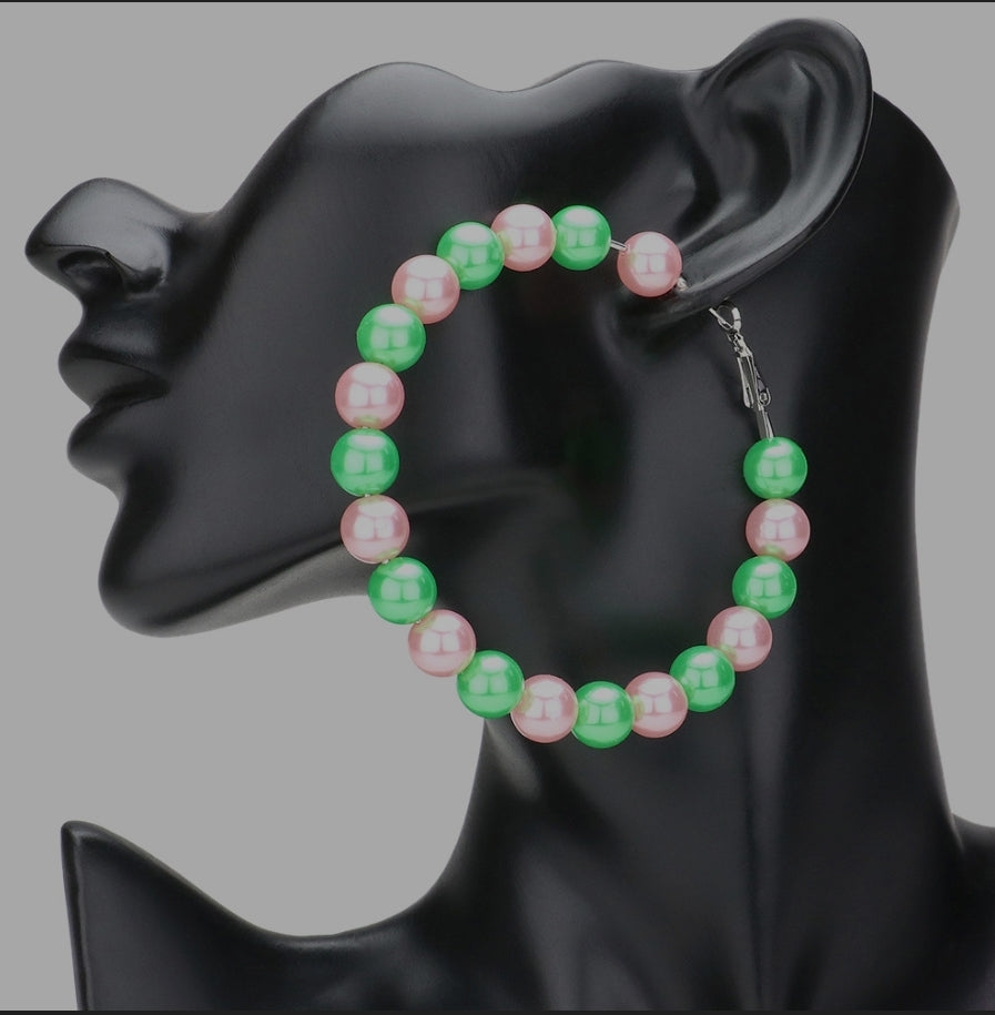 Pink & Green Large Pearl Hoops