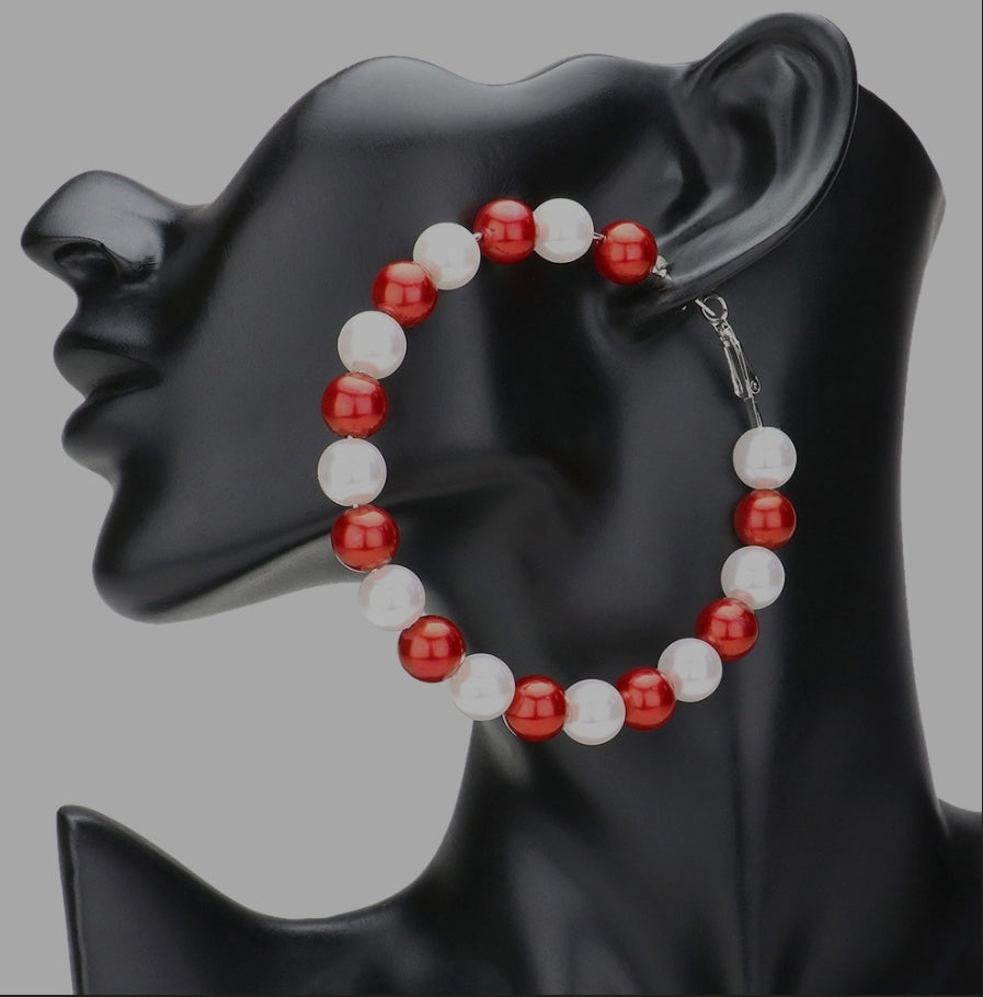 Red & White Large Pearl Hoops