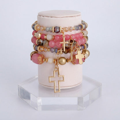 Pink Glass Bead Cross Bracelets