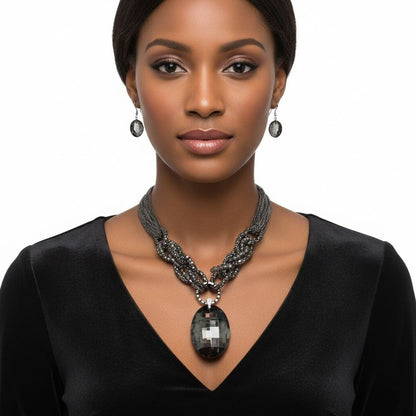 Pendant Black Oval Crystal Hematite Chain Necklace
