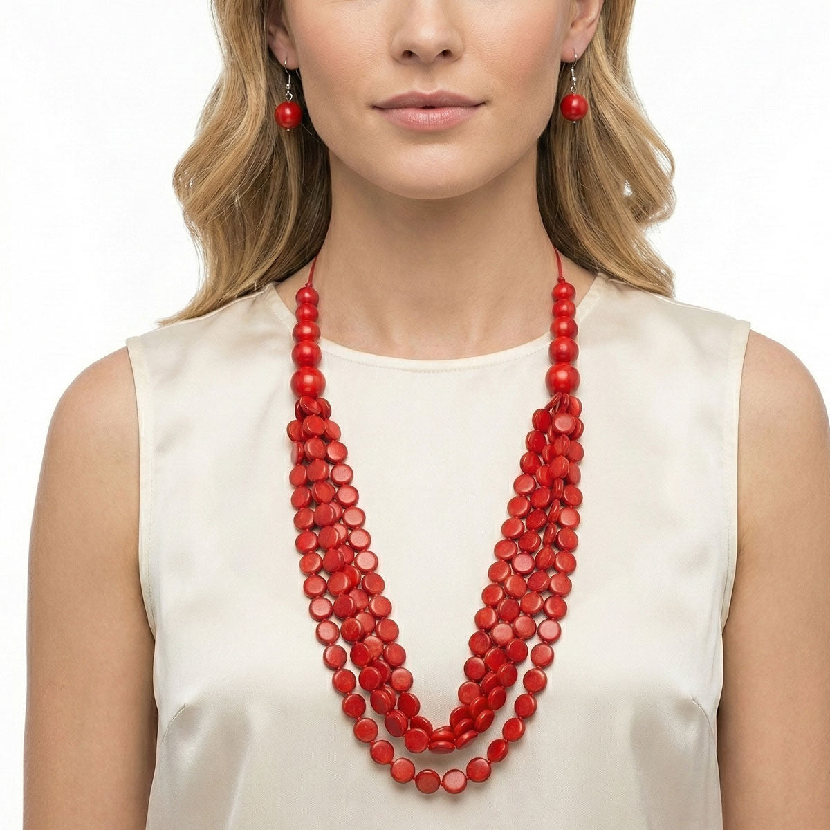 Beaded Long Red Marbled Disc Layer Toggle Necklace