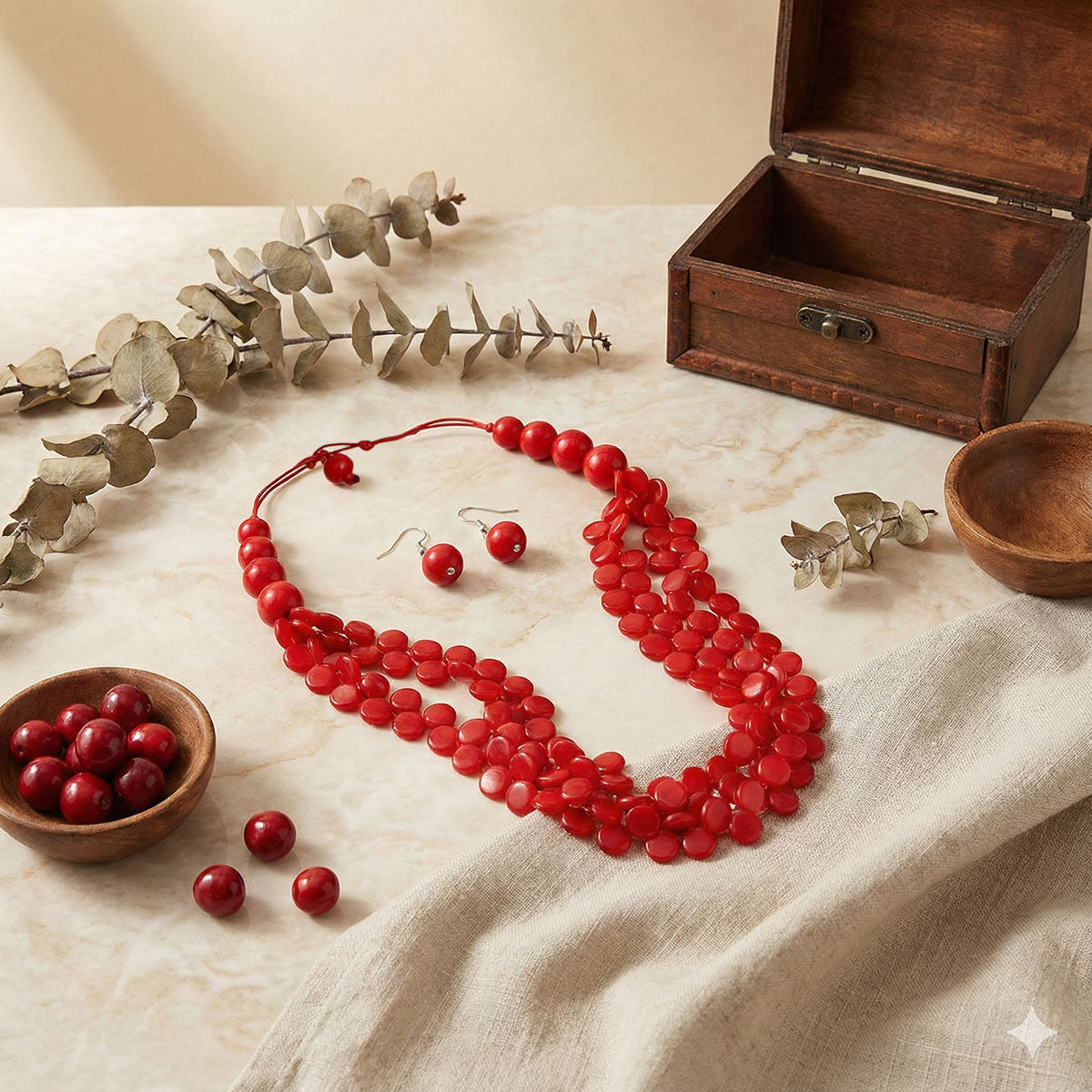 Beaded Long Red Marbled Disc Layer Toggle Necklace