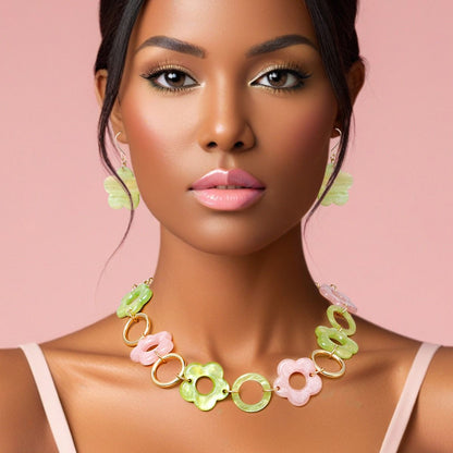 Pink Green Marbled Flower Linked Necklace