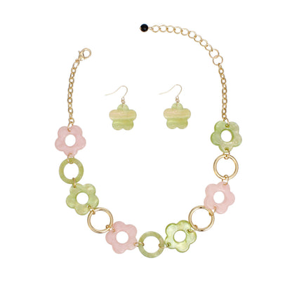 Pink Green Marbled Flower Linked Necklace