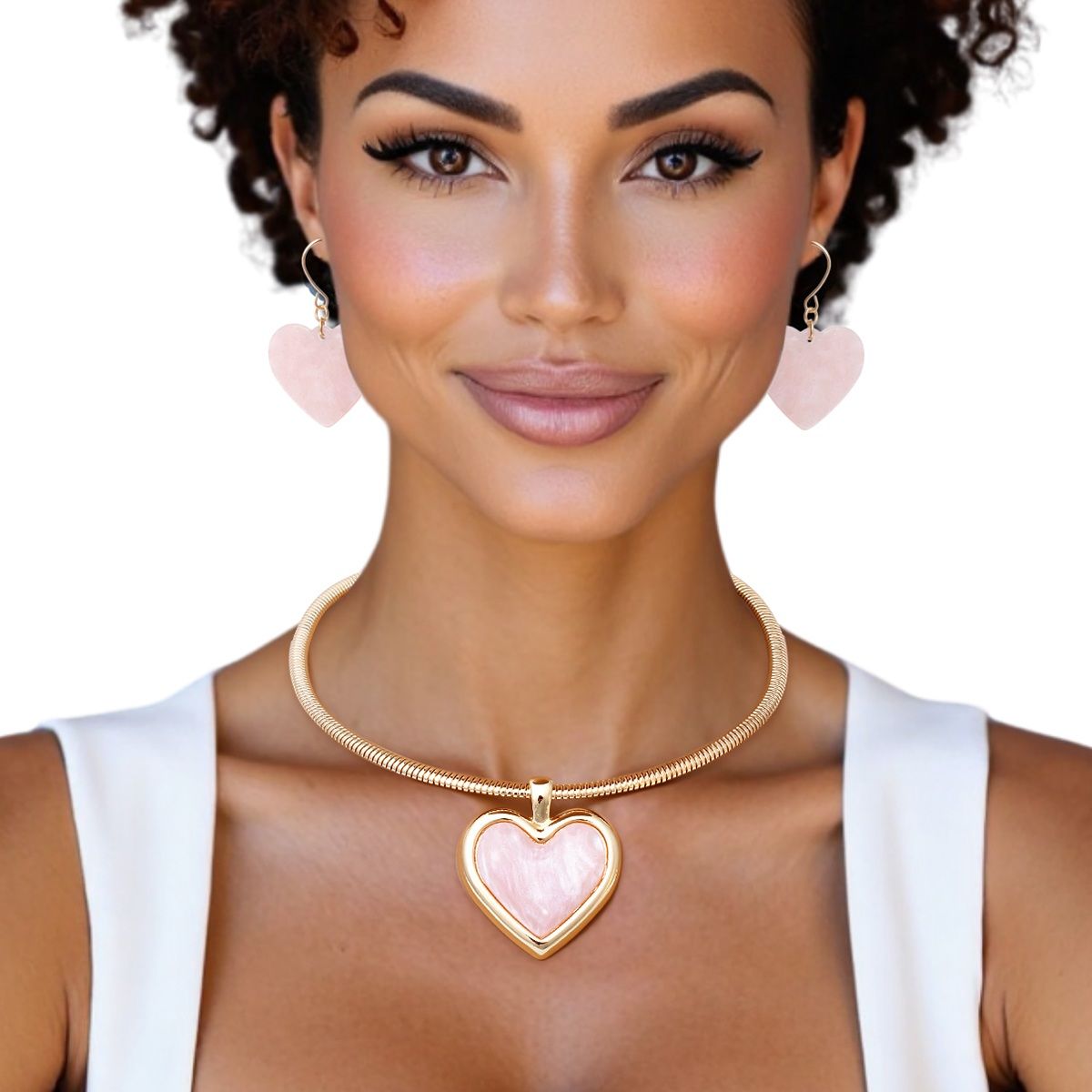 Pendant Gold Omega Chain Pink Heart Set for Women