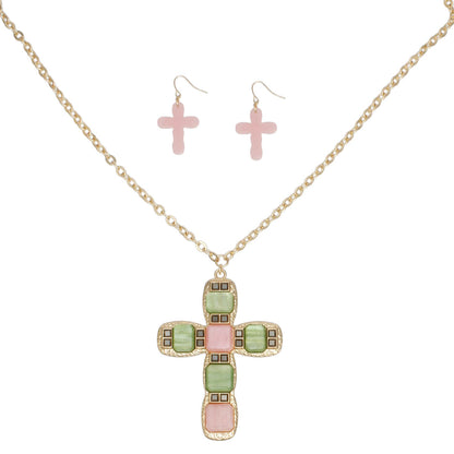 AKA Pendant Pink Green Cross Gold Chain Necklace