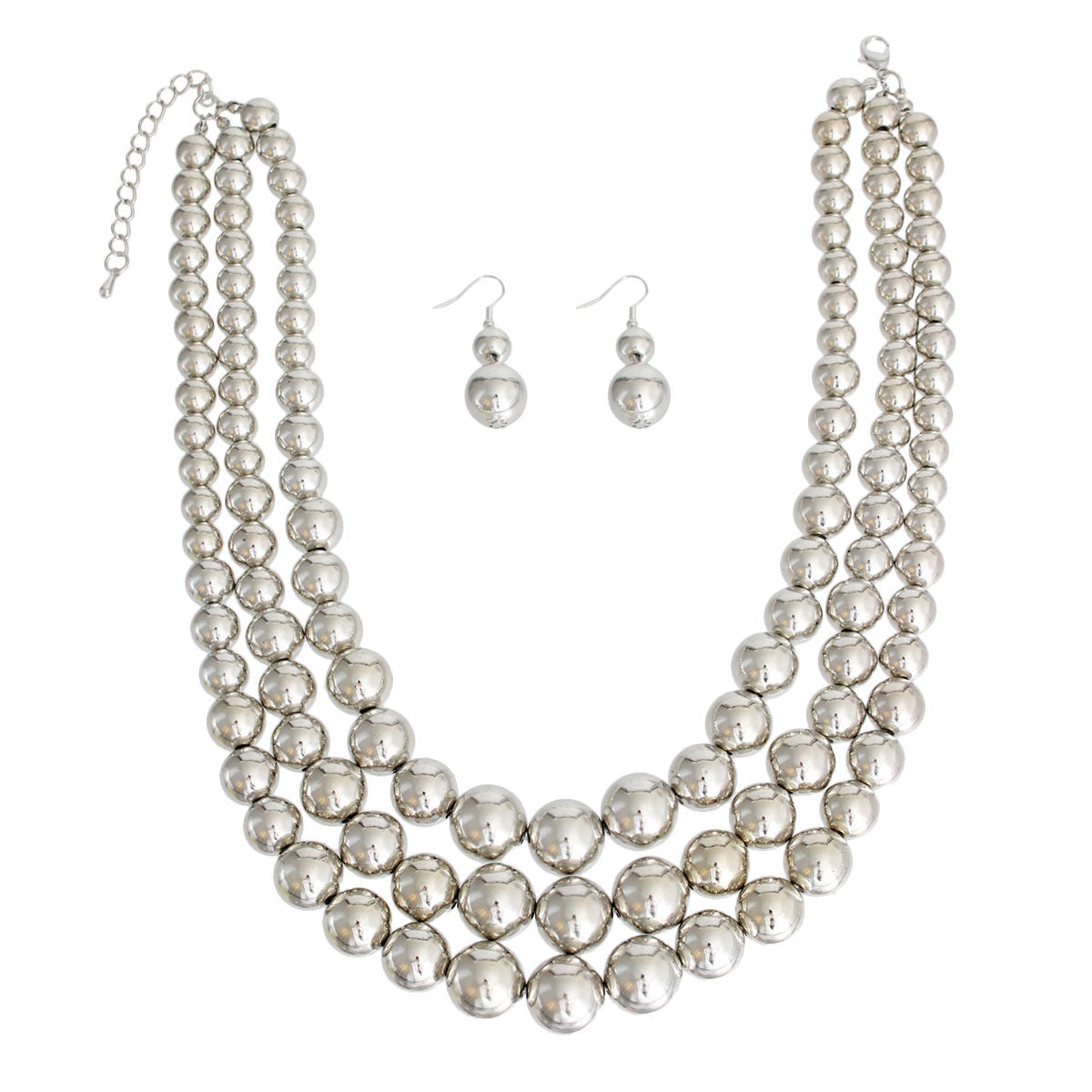 Silver Metallic Pearl Bead 3 Layer Necklace