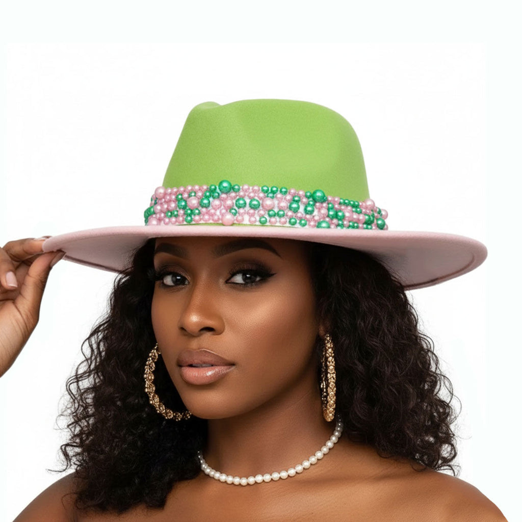 AKA Sorority Pink Green Top Fedora Pearl Hat Women