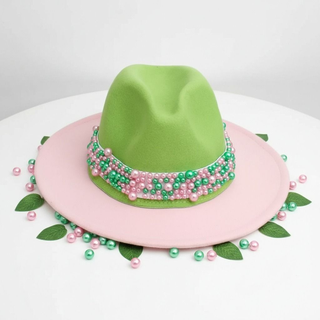 AKA Sorority Pink Green Top Fedora Pearl Hat Women