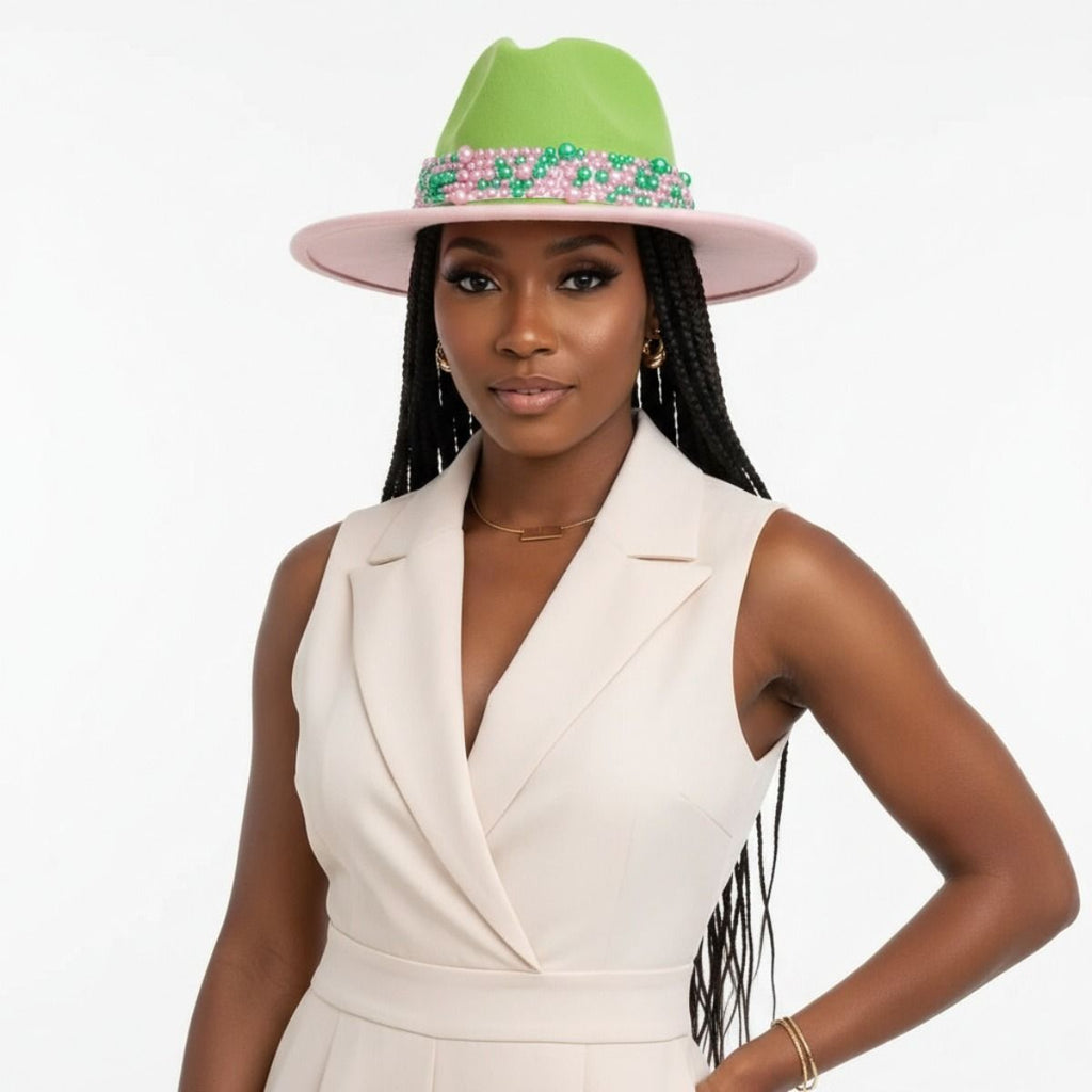 AKA Sorority Pink Green Top Fedora Pearl Hat Women