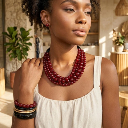 Burgundy Bead Buffalo Horn Hook Necklace
