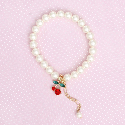 Bracelet Cream Pearl Cherry Red Chain Charm Women