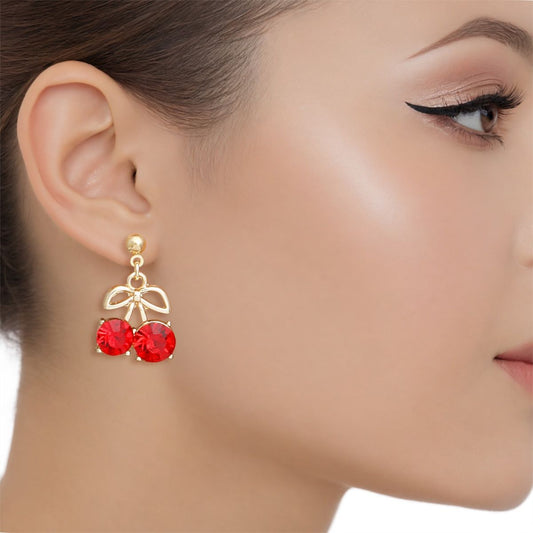 Drop Cherry Red Rhinestone Gold Earrings Women