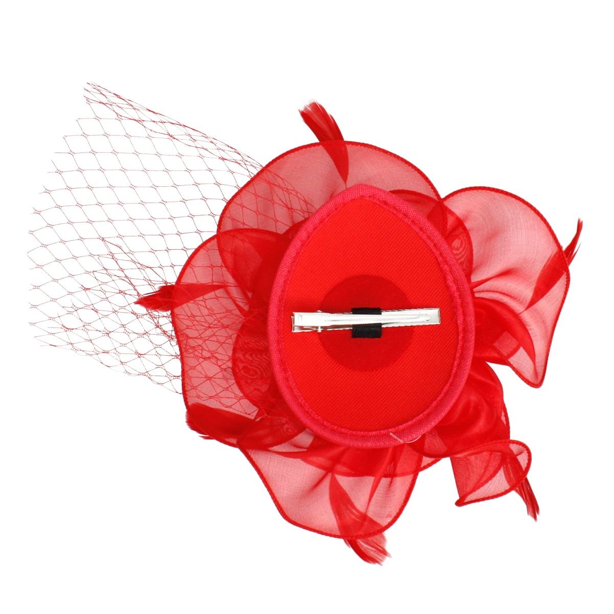 DST Red Flower Net Derby Tilt Feather Fascinator