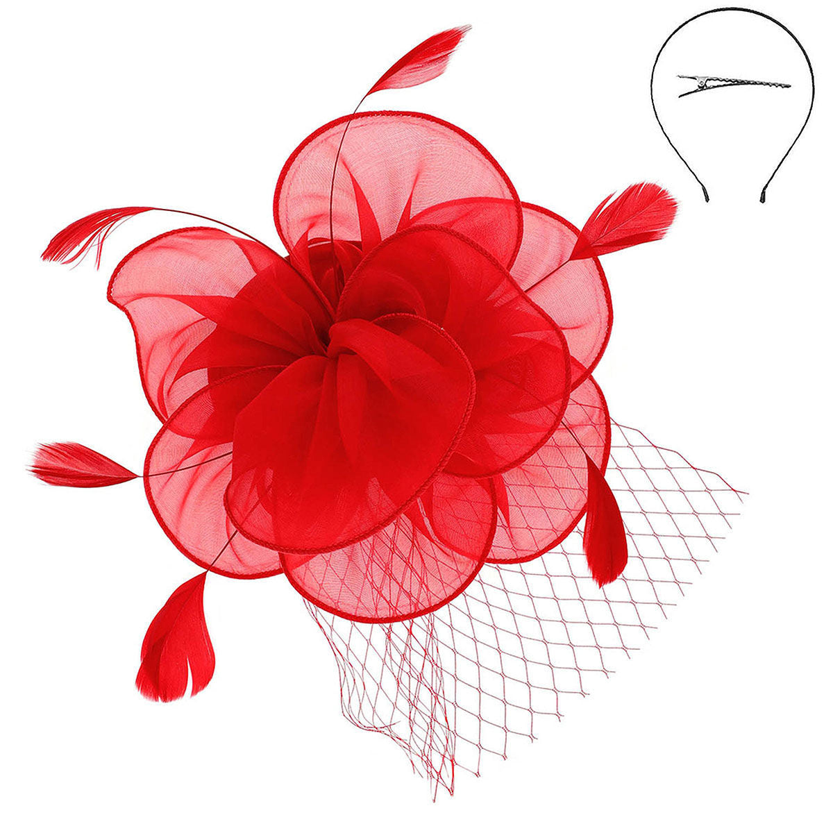 DST Red Flower Net Derby Tilt Feather Fascinator