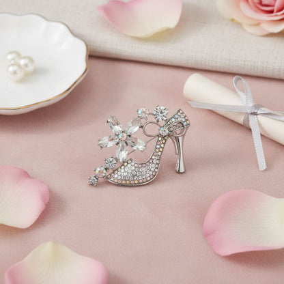 Brooch Clear Crystal High Heel Flower Silver Pin