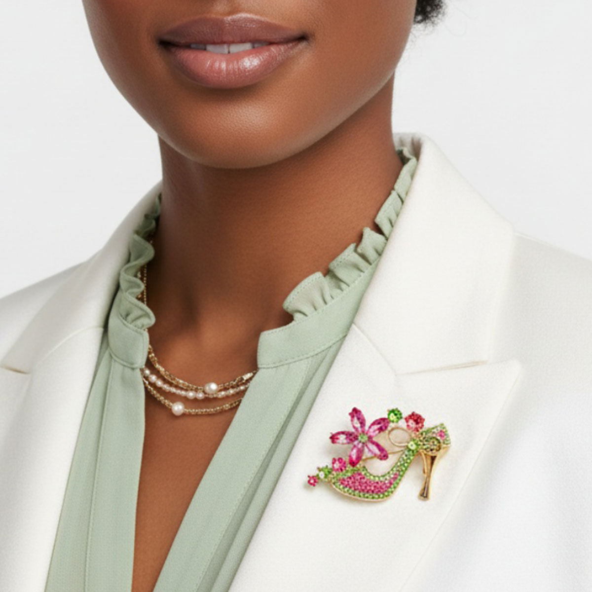 Brooch AKA Pink Green Crystal High Heel Flower Pin