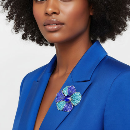 Brooch Large Royal and Aqua Blue Silver Flower Pin
