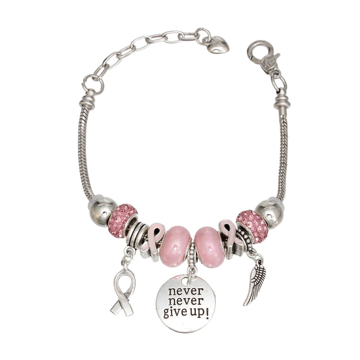 Breast Cancer Silver Never Give Up Charm Bracelet