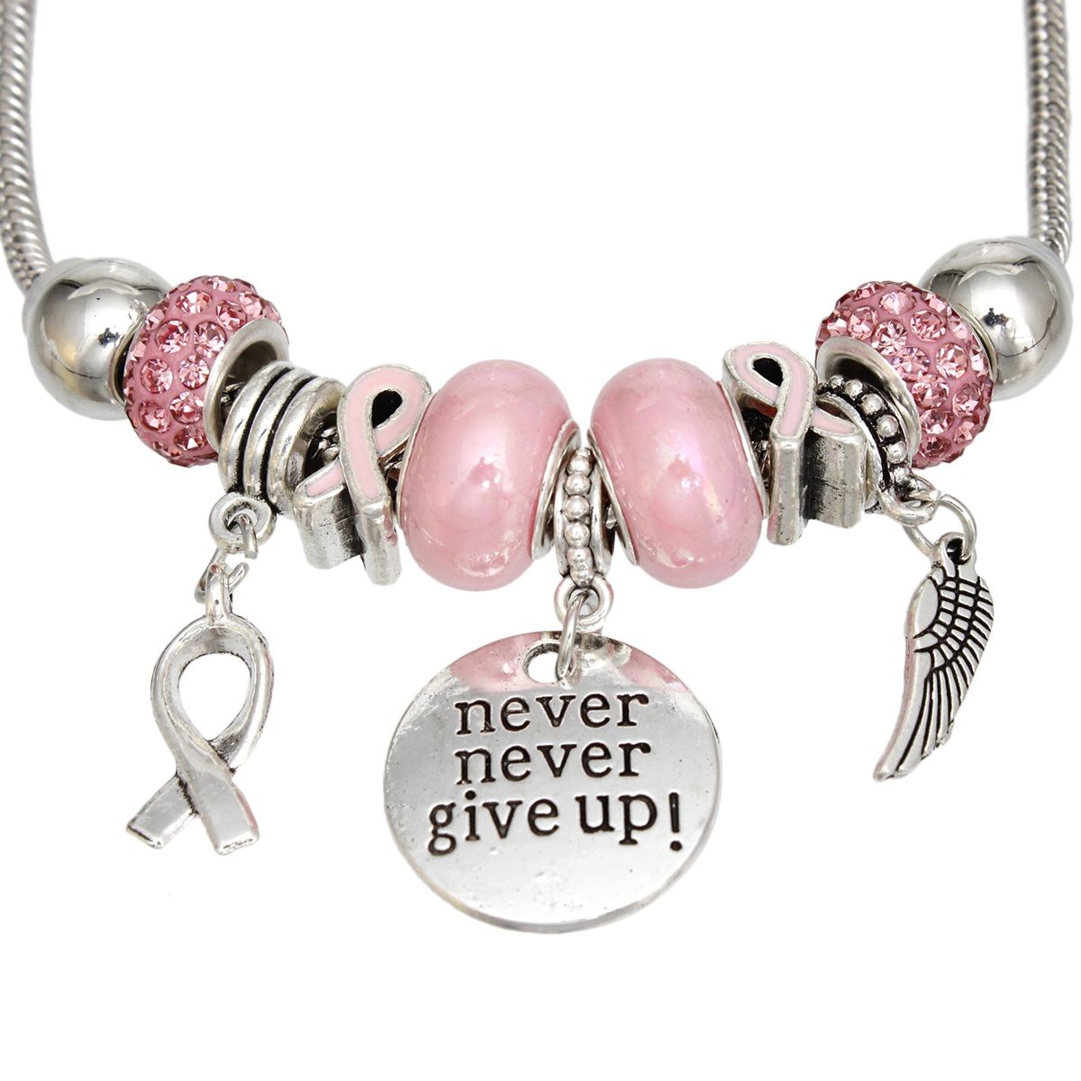 Breast Cancer Silver Never Give Up Charm Bracelet