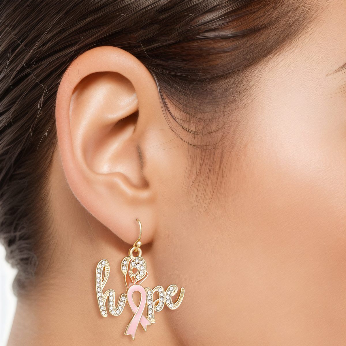 Breast Cancer Fish Hook Gold Hope Glam Earrings