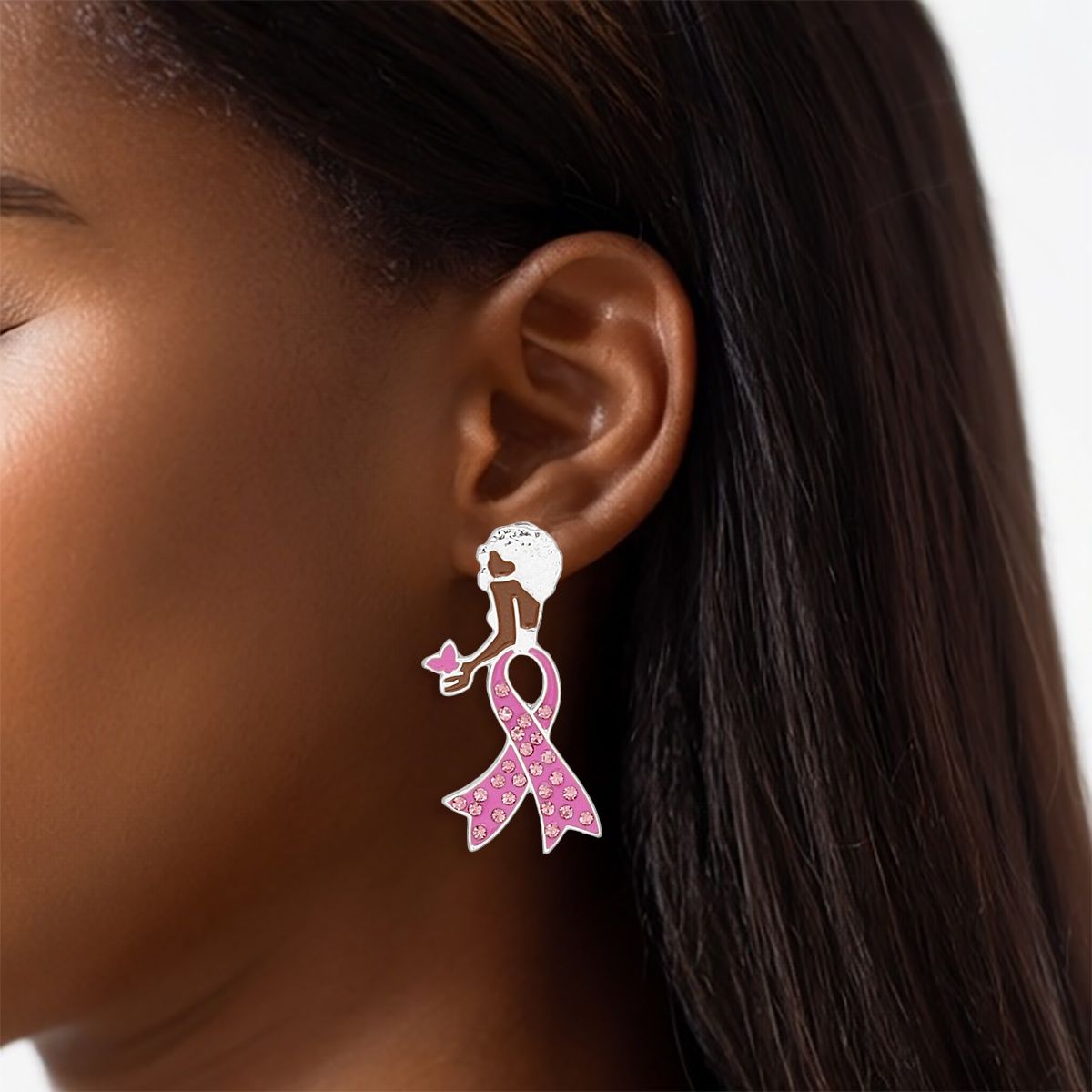 Breast Cancer Stud Silver Pink Ribbon Leg Earrings