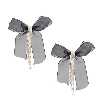 Tassel Black Ribbon Bow Sparkling Fringe Earrings