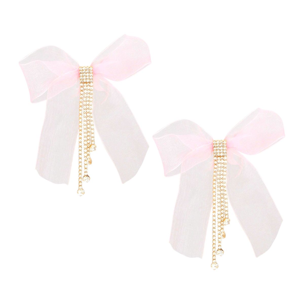 Tassel Pink Ribbon Bow Sparkling Fringe Earrings